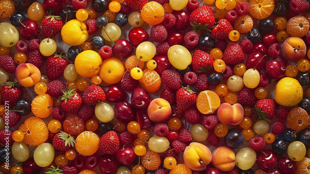 Wall mural summer fruits on background, delicious fruits on colored background, background of summer fruits, fruits banner