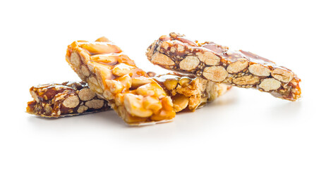 Close Up of almond Brittle Bars With Caramelized Coating isolated on white background.