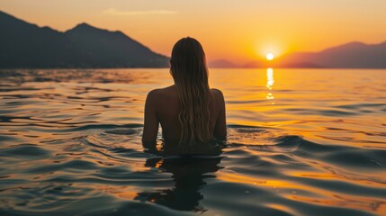 Fototapeta premium Woman Swimming at Sunset