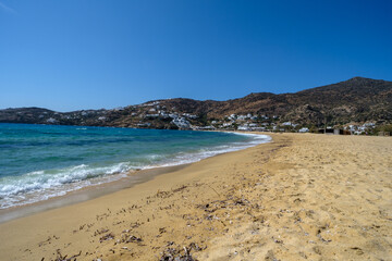 View of one of the most beautiful beaches of Greece, the  popular sandy beach of Mylopotas in Ios cyclades Greece