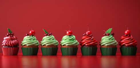 Festive cupcakes row smooth frosting red green colors, minimalistic Christmas style. New Year.