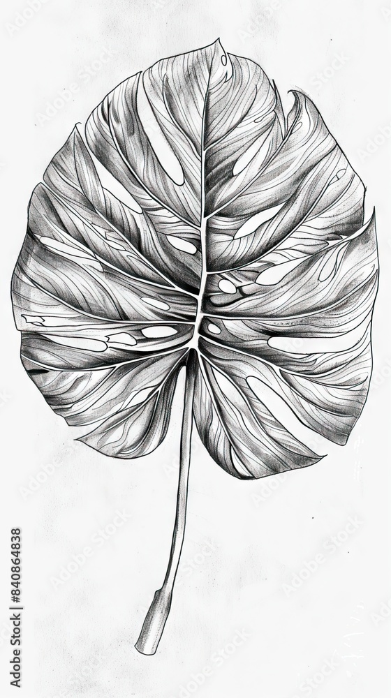 Wall mural Monstera leaf sketch by hand drawing. Leaf art highly detailed in line art style. Monstera is plant of tropical. Leaf for paint to pattern or wallpaper. AI generated illustration - Wall murals