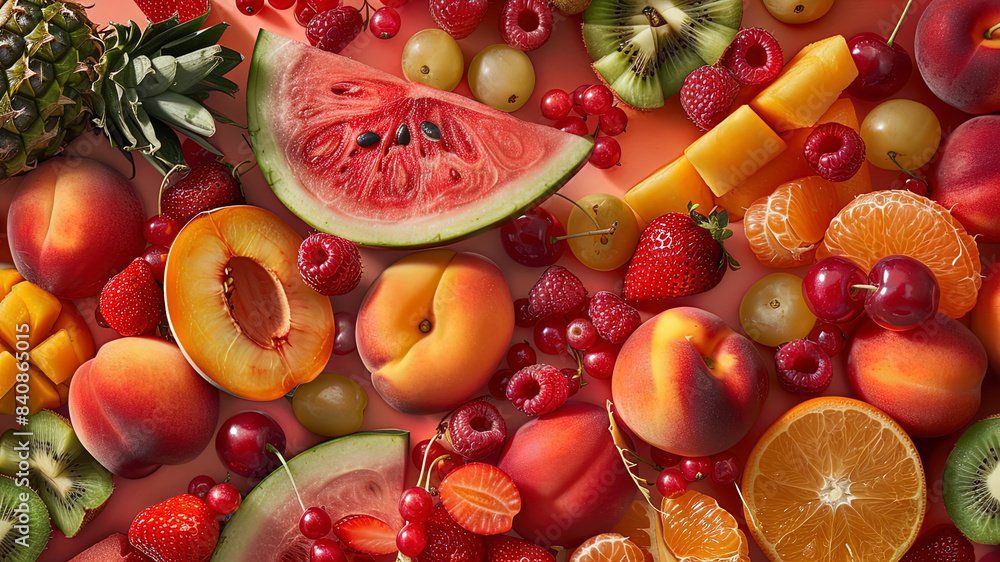 Wall mural summer fruits on background, delicious fruits on colored background, background of summer fruits, fr - Wall murals