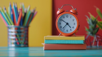 Ready for school concept background with books, alarm clock and accessory