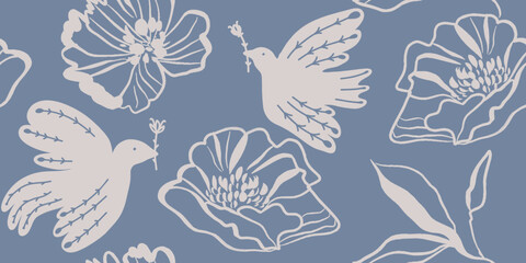 Hand drawn ornament seamless pattern with birds and flowers. Abstract trendy monochrome print.
