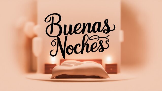 A bed with a white sheet on it and the words buenas noches, AI