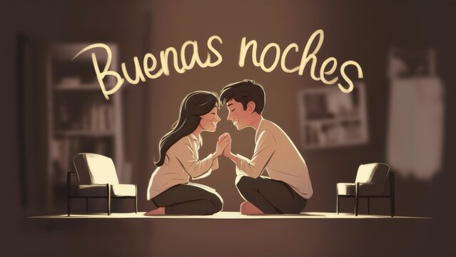 A couple sitting on a chair with the words buenas noches written above them, AI