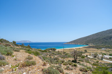 Panoramic view of the beautiful beach of Agia Theodoti on the island of Ios Greece