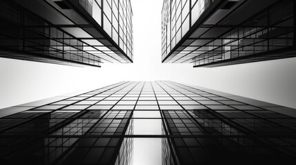 A black and white photo taken from a low angle, showcasing the sleek, geometric designs of futuristic skyscrapers - Powered by Adobe