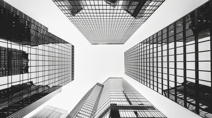 A low-angle, black and white photo showcasing the futuristic architecture of tall glass skyscrapers with geometric designs. The buildings reach for the clear sky, creating an awe-inspiring view - Powered by Adobe