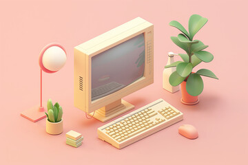 Retro computer desktop setup with plants on pink background