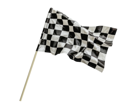 Black white race chequered or checkered flag with wooden stick isolated on transparent background. motorsport car racing symbol concept