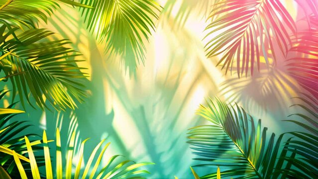 trendy summer Bali style floral patter background with copyspace , colorful leaves palm shape art wallpaper, Summer colors botanical tropical leaves ,sun light and shadows, pink, yellow leaf 