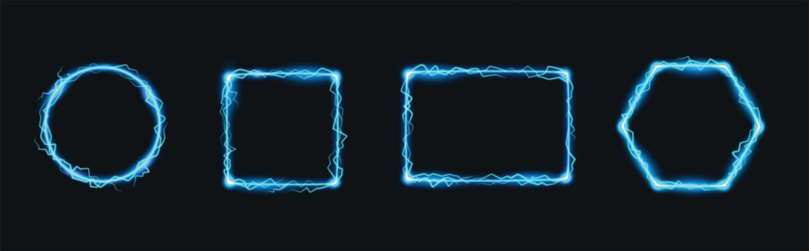 Thunder frame. Magic lightning border, electric energy square and shock power thunderbolt circle vector set.