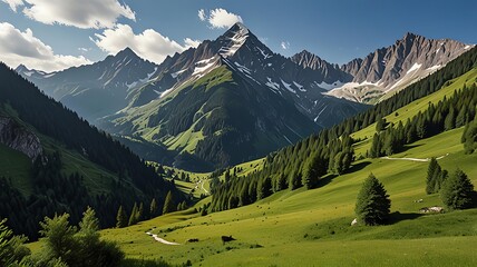 Lush Green Alpine Valley with Dramatic Background Generated by AI