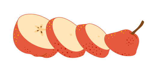 Cut red pear cartoon icon. Cross section of cut fresh, juicy red pear, slices fruit, Hand drawn trendy flat style isolated on transparent background. Healthy vegetarian snack. Vector illustration