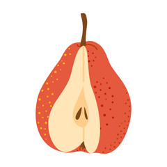 Cut red pear cartoon icon. Cross section of cut fresh, juicy red pear, slices fruit, Hand drawn trendy flat style isolated on transparent background. Healthy vegetarian snack. Vector illustration