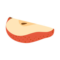 Cut red pear cartoon icon. Cross section of cut fresh, juicy red pear, slices fruit, Hand drawn trendy flat style isolated on transparent background. Healthy vegetarian snack. Vector illustration