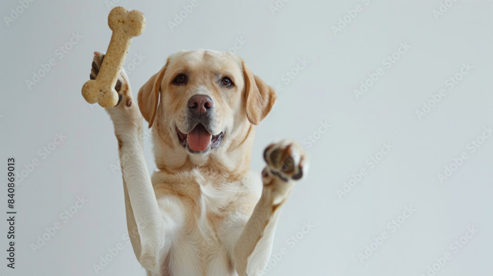 Wall mural labrador dog hold in paw a cookie treat in the form of a bone.