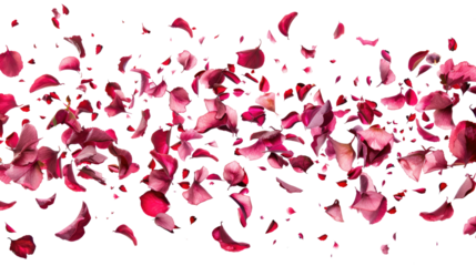 Falling red rose petals isolated on transparent background. Beauty roses petal, applicable for design of greeting cards on March 8 and St. Valentine's Day