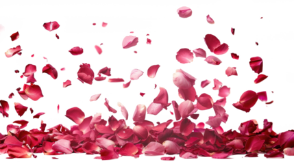 Falling red rose petals isolated on transparent background. Beauty roses petal, applicable for design of greeting cards on March 8 and St. Valentine's Day