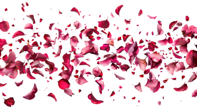 Falling red rose petals isolated on transparent background. Beauty roses petal, applicable for design of greeting cards on March 8 and St. Valentine's Day