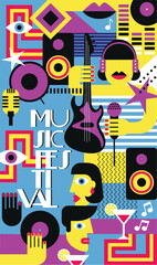Abstract geometric music festival poster. Musical instruments, party cocktails and singer pop art vector illustration.
