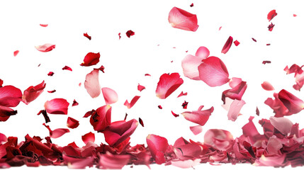 Falling red rose petals isolated on transparent background. Beauty roses petal, applicable for design of greeting cards on March 8 and St. Valentine's Day