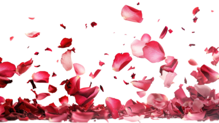 Falling red rose petals isolated on transparent background. Beauty roses petal, applicable for design of greeting cards on March 8 and St. Valentine's Day