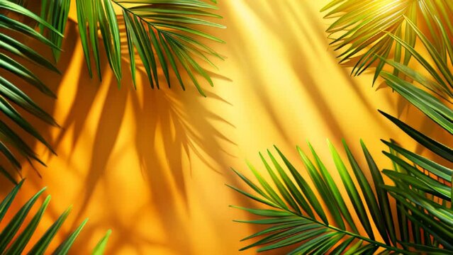 trendy summer Bali style floral pattern yellow background with copyspace , colorful leaves palm shape art wallpaper, Summer colors botanical tropical leaves ,sun light and shadows, green leaves 