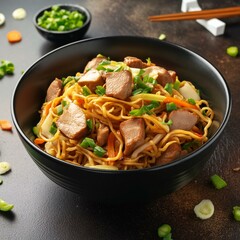 Stir fry chow mein noodles with pork and vegetable in black bowl. asian style food