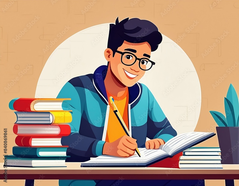 Poster a 2d flat style illustration of a student character studying for a test with a stack of books. the b