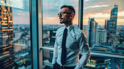 Fototapeta premium Businessman standing in a high-rise office with city skyline at sunset