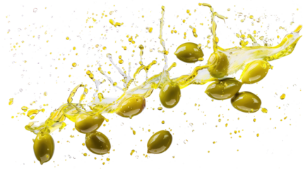 Splash of oil and flying canned olives on transparent background