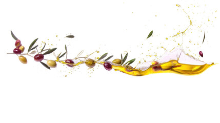 Fototapeta premium Splash of oil and flying canned olives on transparent background