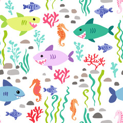 Coastal seamless vector repeat pattern with happy sea animals. sharks, fish, seahorse, corals in aqua, teal, blue, green, lavender on white. Summer, swim, poolside, kids swimwear, beach backdrop