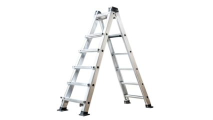 silver-colored aluminum step ladder in an A-frame configuration. The ladder has multiple rungs and black, non-slip end caps on its legs for stability