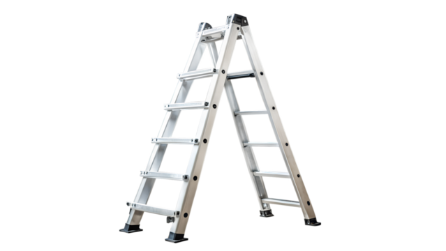 silver-colored aluminum step ladder in an A-frame configuration. The ladder has multiple rungs and black, non-slip end caps on its legs for stability