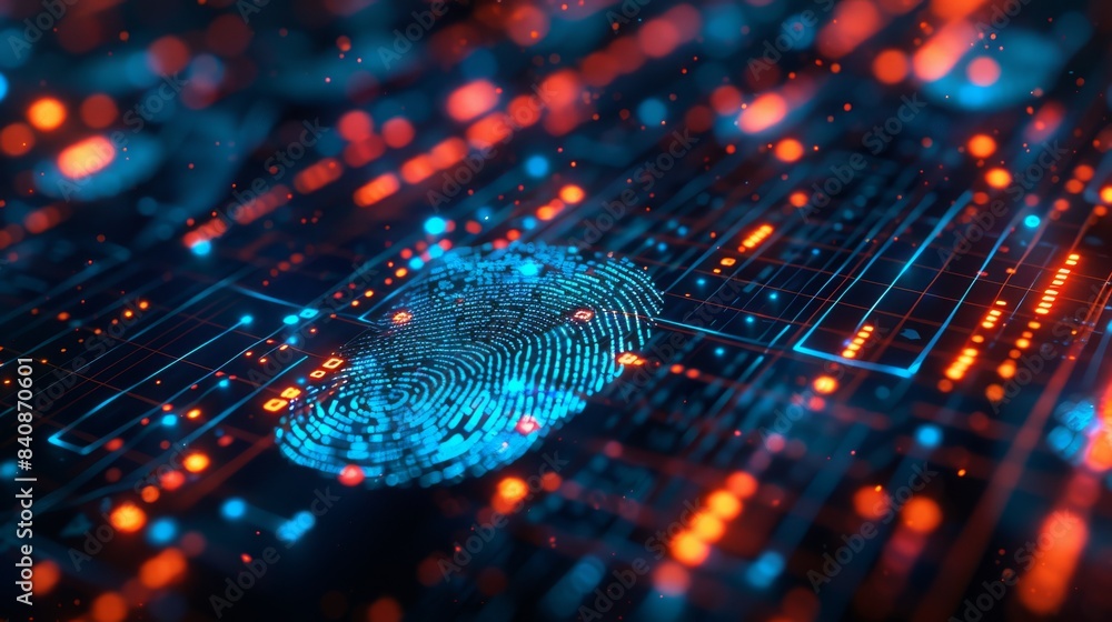 Poster fingerprint scanning identification system. biometric authorization and business security concept, f