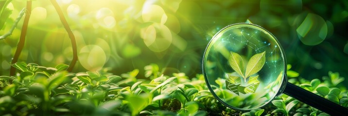 Study of plants. Biology. The lens examines the piece of paper.