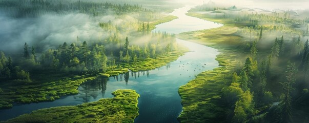 Fototapeta premium A tranquil view of a serene river flowing through a lush green forest under a bright blue sky