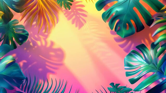 trendy summer Bali style floral pink pattern background with copyspace , colorful leaves palm shape art wallpaper, Summer colors botanical tropical leaves ,sun light and shadows, green leaves 