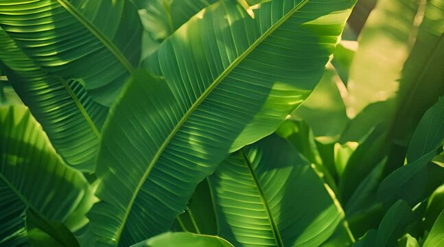 rays of light are making shadows on big tropical banana leaves in a holidays resort