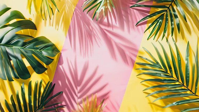 trendy summer Bali style floral pink pattern background with copyspace , colorful leaves palm shape art wallpaper, Summer colors botanical tropical leaves ,sun light and shadows, green leaves 