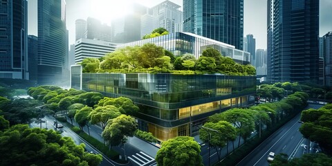 Modern city implements sustainable green building practices and encourages corporate buildings to reduce CO2 emissions by adopting eco friendly and green architecture such as, Generative AI