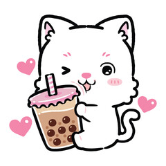 Cute Little Cat Hugging Boba Milk Tea. Kawaii Style Cartoon