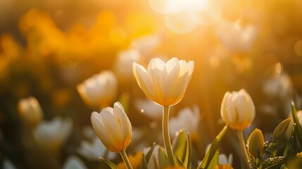 Fototapeta premium Vibrant spring meadows adorned with blooming flowers under the gentle, warm glow of the sun