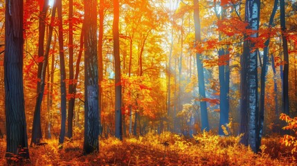 Fototapeta premium Vibrant autumn deciduous forest sunny day foliage with rich colors and detailed trees