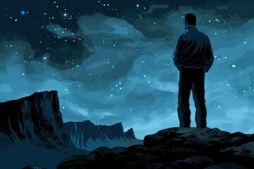 Obraz premium A man stands on a rocky ledge and looks at the starry sky.