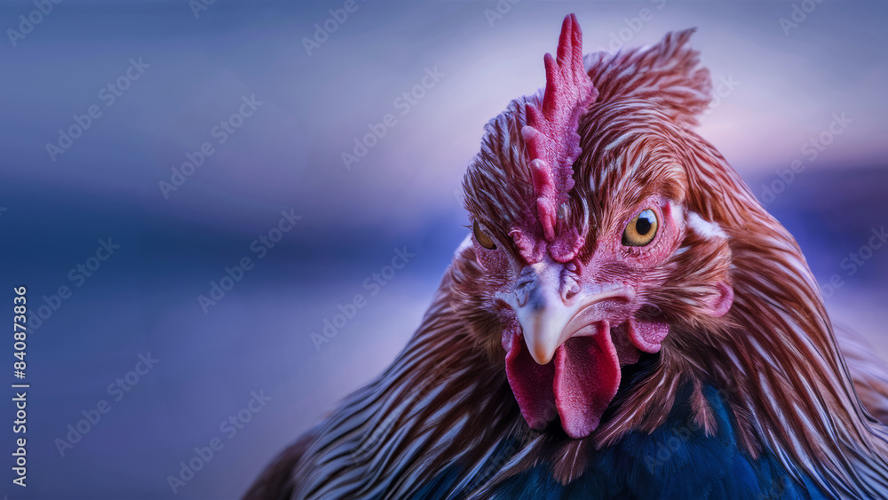 Sticker A close up of a rooster with red and blue feathers, AI